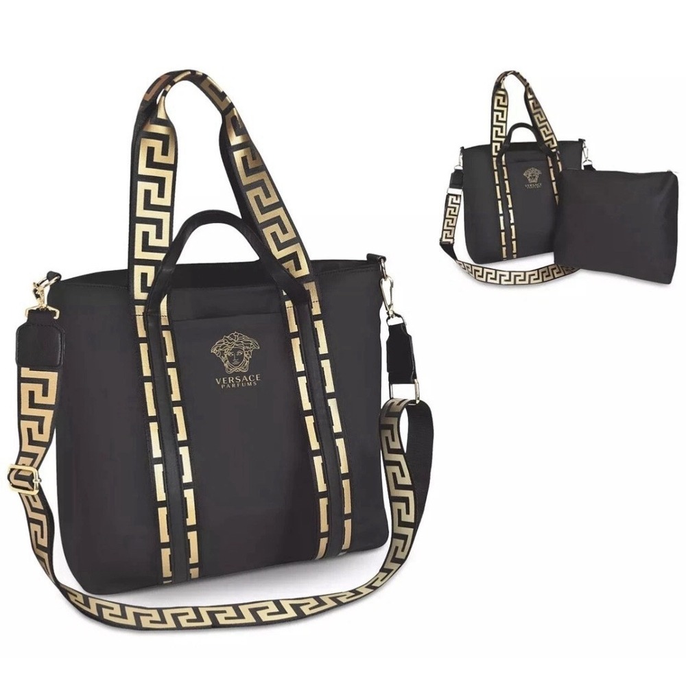 Versace Parfums Black Nylon Tote Bag Gold Greca Strap Medusa Logo with Pouch